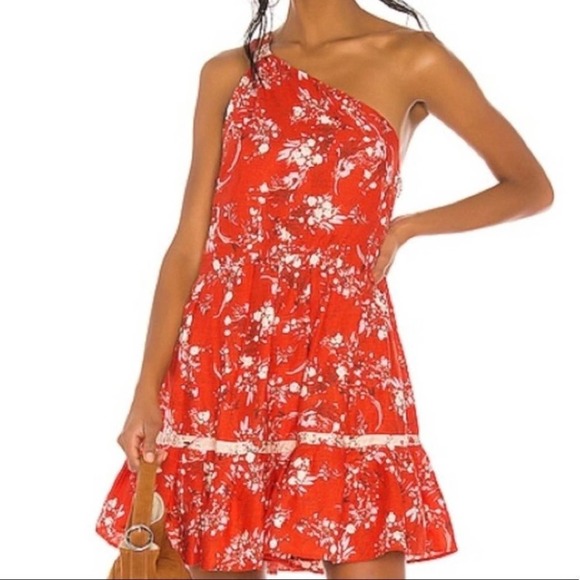FREE PEOPLE Linen All Mine One Shoulder Red Floral Mini Dress Size Medium NWOT - Picture 4 of 12